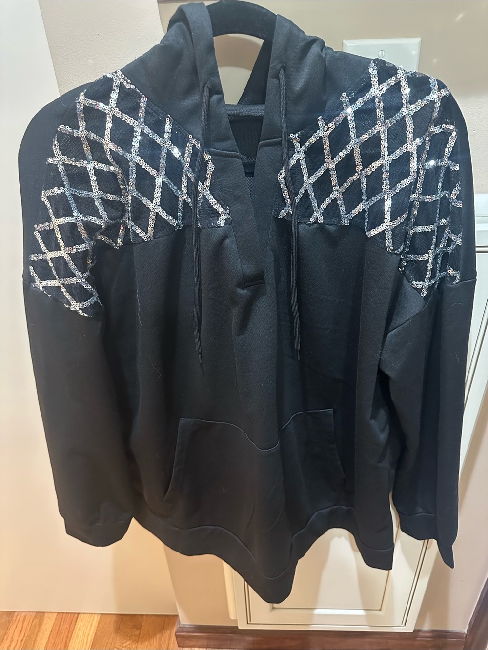 SHEIN Black Hoodie with Silver Sequin Lattice Detail